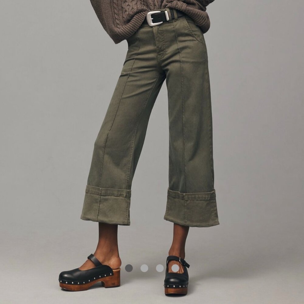 Pilcro Anthropologie Wide Leg Cuffed Pants Size 27 Olive Green